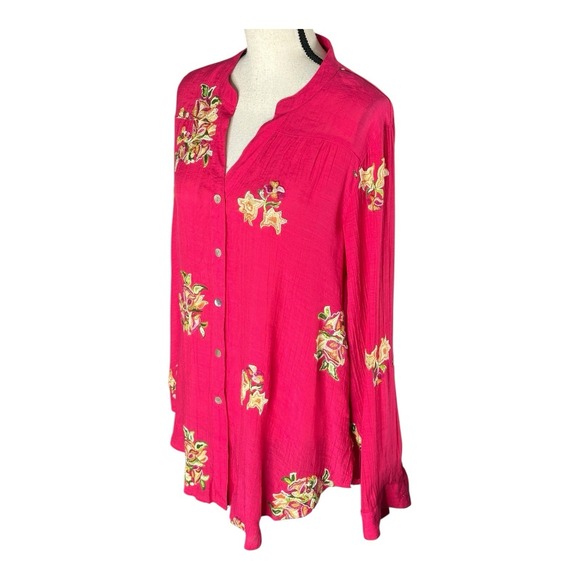 Figueroa & Flower Floral Blouse Pink Embroidered XL Button Roll‎ Tab Sleeve Fig - Picture 3 of 14